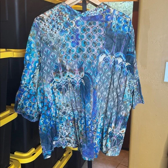 Johnny Was Workshop Klodi Ruffle Sleeve Blouse Sz 3X Blue Boho Print Cotton Top - Picture 10 of 10